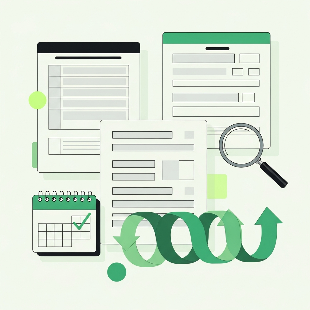 Minimal flat-vector illustration in Taxly green and ink representing tax filing, for the article "How to file a UK self assessment return".