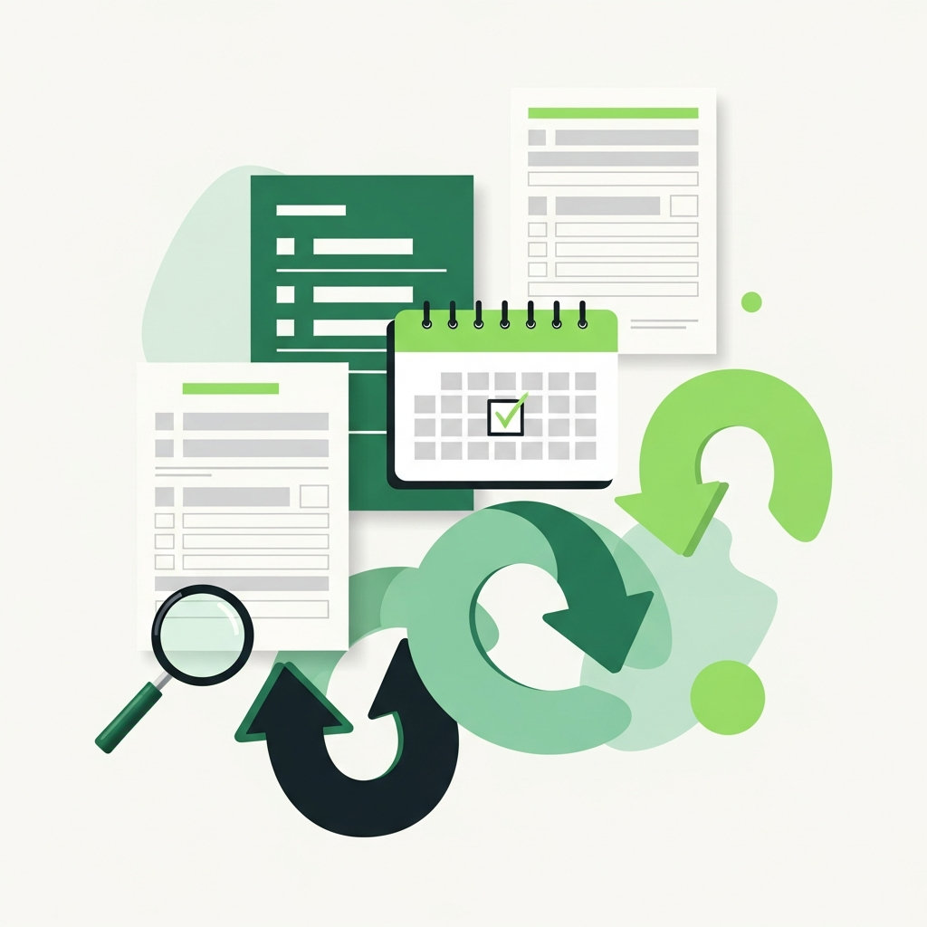Minimal flat-vector illustration in Taxly green and ink representing tax filing, for the article "How to file Form 1120 with Form 5472".