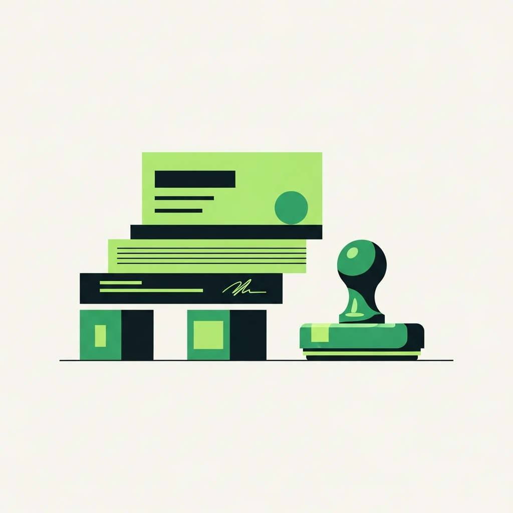 Minimal flat-vector illustration in Taxly green and ink representing US LLC formation, for the article "How to write an LLC operating agreement".